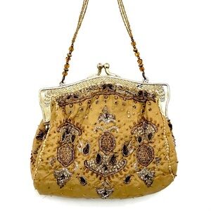 Christiana 100% Silk Gold Beaded Mini Handbag Made in India EUC